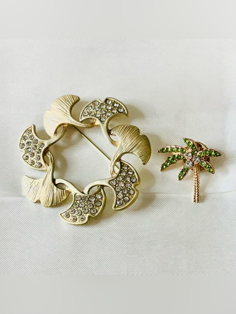 Gold-Tone Crystal Tropical Brooch and Green Palm Tree Pin Set